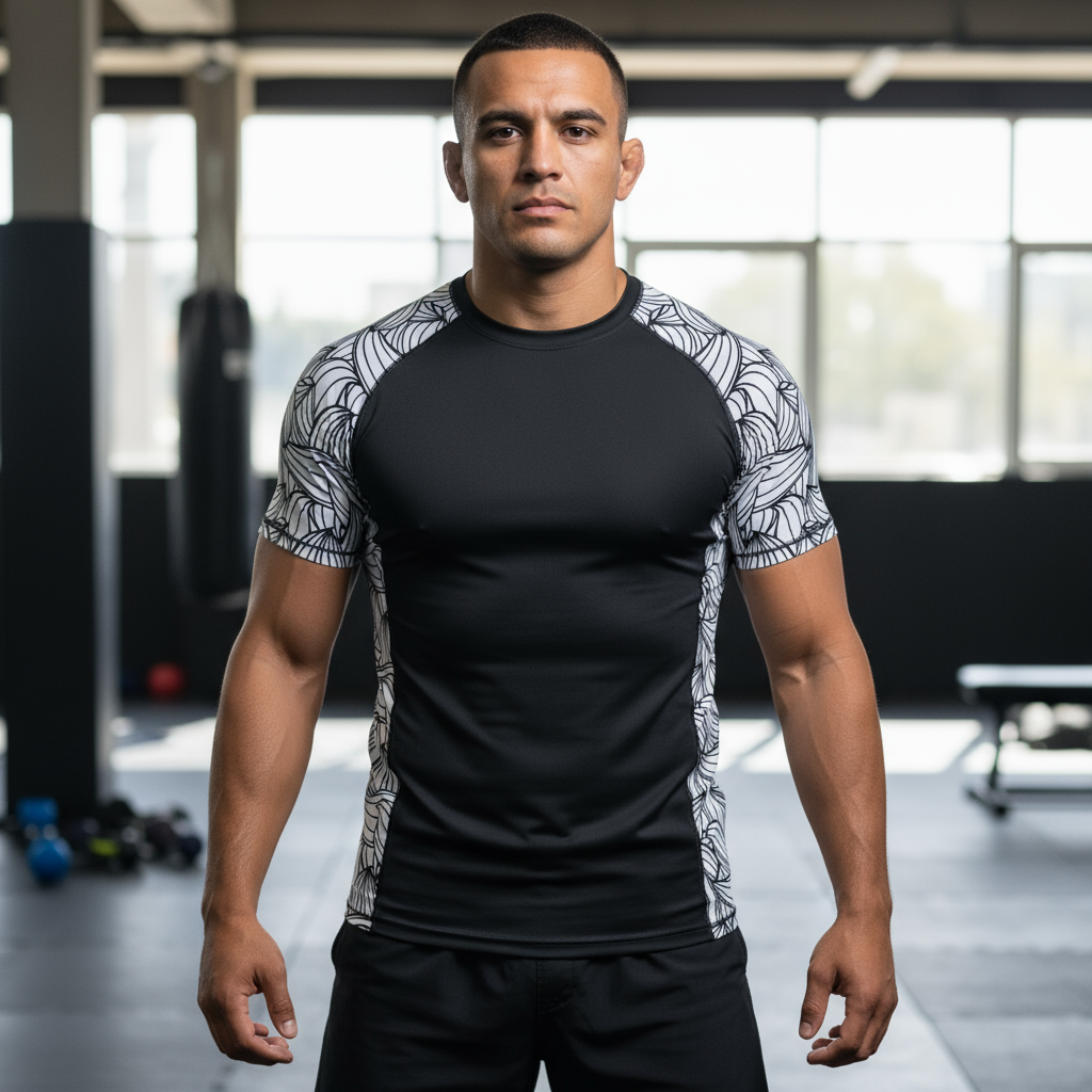 Man wearing a black and patterned sports shirt in a gym setting